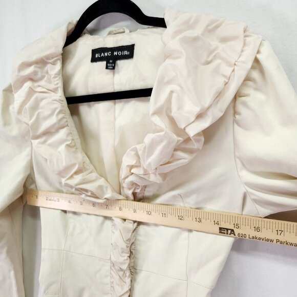 Blanc Noir Belted Coat Size Medium Puff Ruffle Trim Ivory Snap Button Midi - Picture 8 of 15
